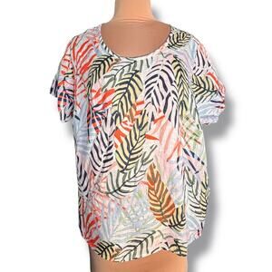 Tahari Linen Tropical Leaf Print Blouse Plus Size 2X Blue Orange Green Vacation